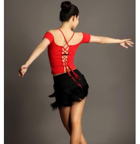 Black and red leopard fringes tassels back with bandage backless short sleeves women's ladies female competition professional latin samba salsa dance dresses outfits sets